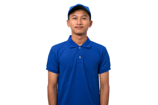 Portrait of smiling young asian delivery man wearing blue uniform isolated on white background