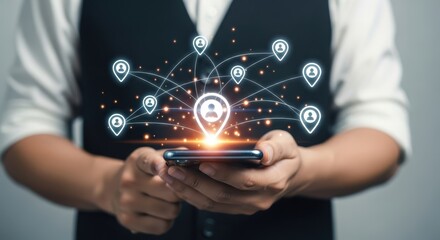 Location-Based Networking Man Holding Phone with Location Pin Connections Visualized, Highlighting Digital Connectivity