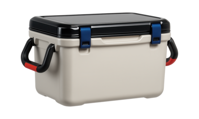 Rigid plastic fish cooler with a hinged lid and built-in handles for pier fishing