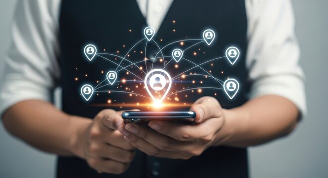 Location-Based Networking Man Holding Phone with Location Pin Connections Visualized, Highlighting Digital Connectivity - Powered by Adobe