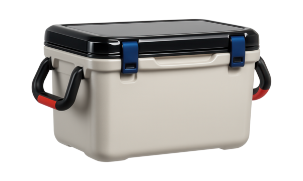 Rigid plastic fish cooler with a hinged lid and built-in handles for pier fishing