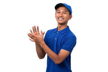 Young asian delivery man wearing blue uniform smiling clapping hands isolated on white background