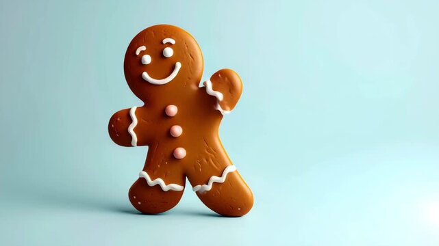 Happy Christmas Gingerbread Cookie Dancing on a Blue Background. Seamless Loop