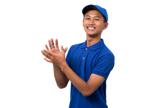 Young asian delivery man wearing blue uniform smiling clapping hands isolated on white background