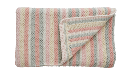 A crocheted baby blanket in pastel hues isolated on transparent background png