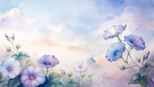Fototapeta Light blue morning glory flowers gracefully bloom against an ethereal pastel sky background