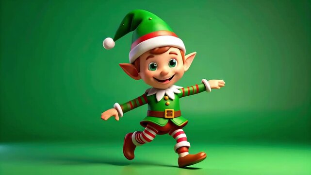 Cute Cartoon Christmas Elf Dancing on a Green Background. Seamless Loop