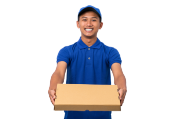 Smiling young asian delivery man wearing blue uniform holding pizza box on white background
