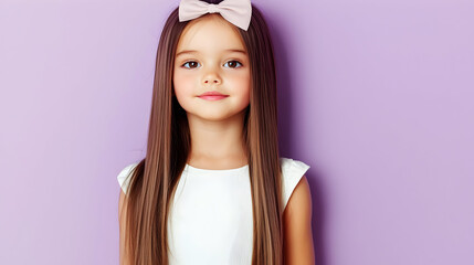 Young girl with long brown hair and a light pink bow.  She's wearing a white dress.  Studio portrait against a purple background