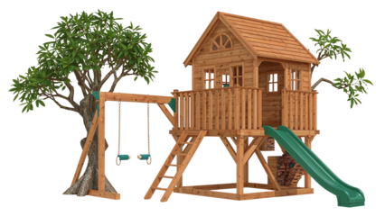 Wooden treehouse playhouse with a ladder and slide for elevated backyard fun isolated on transparent background png