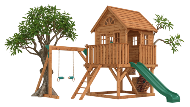 Wooden treehouse playhouse with a ladder and slide for elevated backyard fun isolated on transparent background png