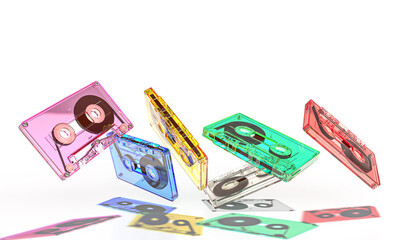 Colorful audio cassettes falling on white background 3