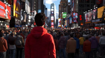 Obraz premium A young person stands amidst a bustling crowd in Times Square, New York City. Bright billboards and towering buildings surround the large gathering