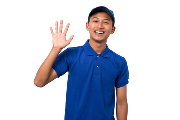 Young asian delivery man wearing blue uniform smiling making a greeting gesture on white background