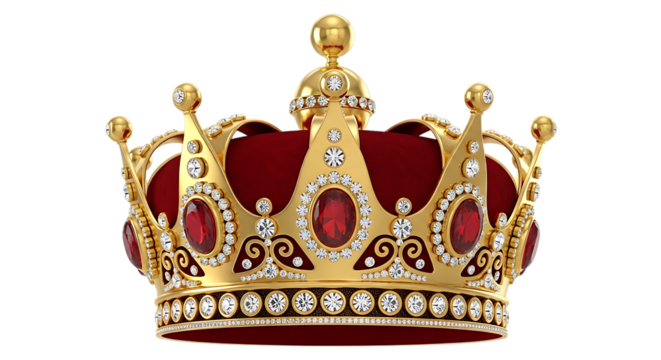 An ornate golden crown adorned with rubies and diamonds sits majestically, isolated on a pure transparent background - Powered by Adobe