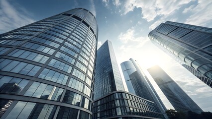 Naklejka premium Futuristic Modern Office Skyscrapers with Glass Facades and Curved Architecture under Blue Sky