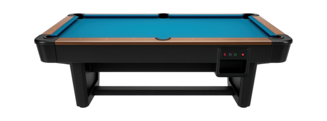 Coin-operated pool table with blue cloth and electronic scoring for arcade settings