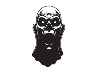 Full black vector silhouette of a ghost face with hollow eyes and an open screaming mouth on a white background