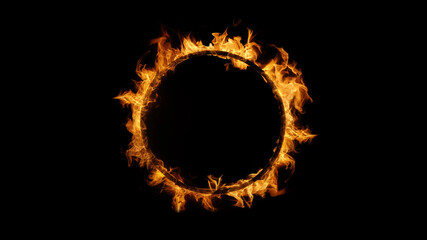 Circular ring of bright orange flames and fire. Burning fiery graphic element for energy and heat concepts.