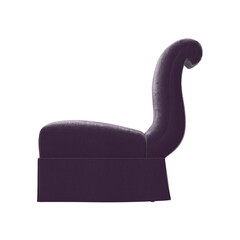 Side profile of a sculptural high-back slipper chair in velvet, 3d render, isolated.
