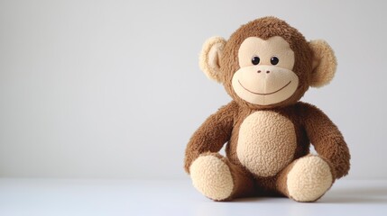 Obraz premium Adorable brown plush monkey toy sitting on white background.