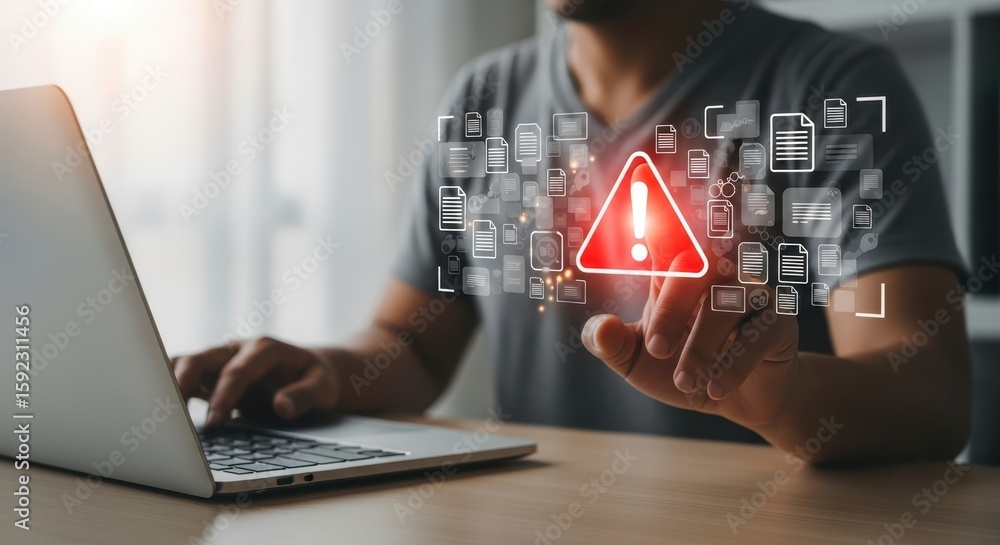 Poster cybersecurity alert man pointing at a digital warning sign with computer in background