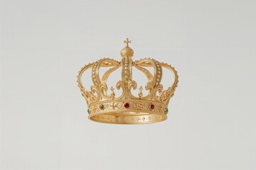 Majestic golden crown featuring ornamental details and jeweled decoration for royal wedding and monarchy celebration concept photography
