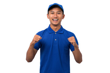 Happy young asian delivery man doing winner gesture with arms raised. Celebration concept