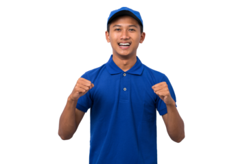 Happy young asian delivery man doing winner gesture with arms raised. Celebration concept