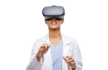 Woman Doctor in VR Headset exploring Virtual Reality, isolated on transparent background, showing medical technology. Future Medical Technology concept. PNG, Cut out