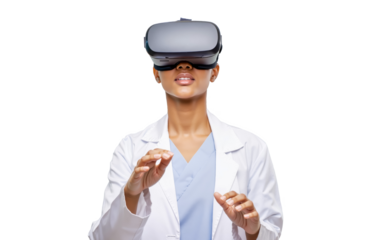 Woman Doctor in VR Headset exploring Virtual Reality, isolated on transparent background, showing medical technology. Future Medical Technology concept. PNG, Cut out