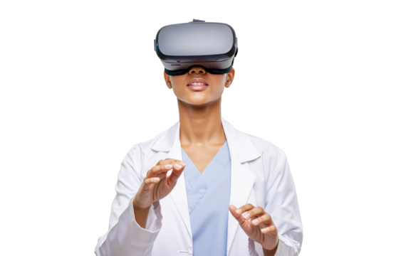 Woman Doctor in VR Headset exploring Virtual Reality, isolated on transparent background, showing medical technology. Future Medical Technology concept. PNG, Cut out
