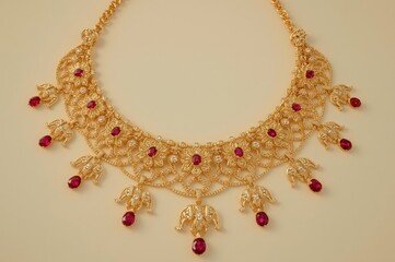 Elaborate golden Indian choker necklace with hanging coin charms and ornate metalwork for traditional ethnic jewelry and wedding bridal collection
