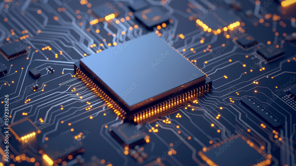 Fototapete closeup view of a computer chip on a circuit board with glowing orange lights. artificial intelligen