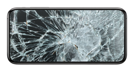 Cracked smartphone screen, broken glass texture, isolated on a white background