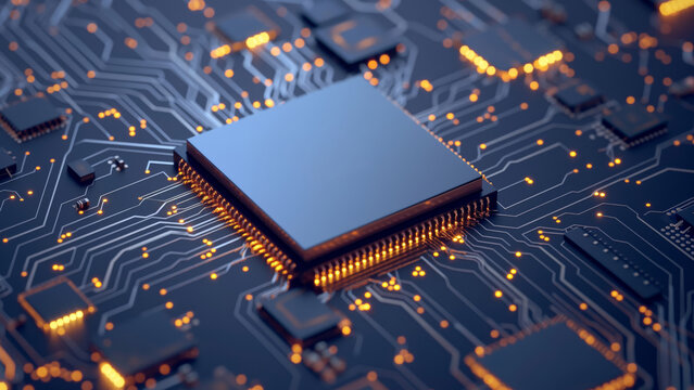 Closeup view of a computer chip on a circuit board with glowing orange lights. Artificial intelligence concept. CPU processing digital information.