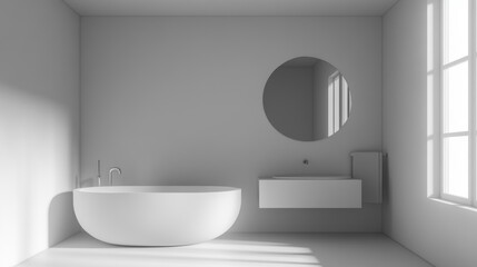 Minimalist white bathroom interior design with freestanding bathtub, round mirror, and window sunlight.