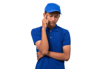 Asian delivery man wearing blue uniform think and get ideas expression isolated on white background