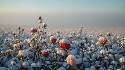 Frost covered winter plants and vegetation with ice crystals in misty cold morning landscape for seasonal nature and weather concept photography
