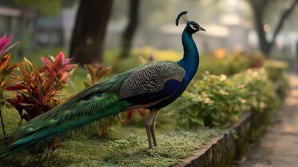 Fototapeta premium Majestic peacock in a garden setting
