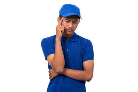 Asian delivery man wearing blue uniform think and get ideas expression isolated on white background
