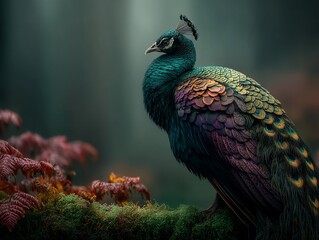 Obraz premium Majestic peacock in a mystical forest setting