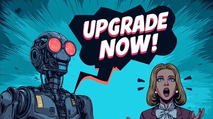 Fototapeta premium Surprised Human Reacting to AI Assistant with ‘Upgrade Now!’ Speech Bubble – Artificial Intelligence Notification, Futuristic User Interaction, Tech Humor, Digital Assistant Concept