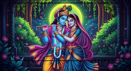 Digital artwork portraying the Hindu deities Krishna and Radha in a colorful, spiritual, and romantic setting with a glowing moon