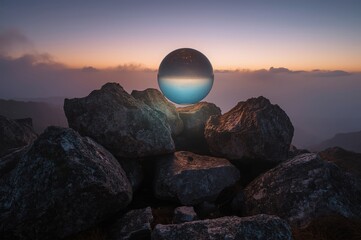 Transparent crystal orb on rocky coastline at dusk with orange purple sky reflection for metaphysical spiritual wellness meditation content
