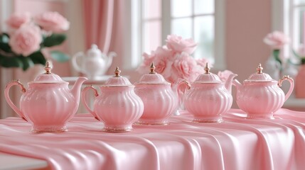 Pink porcelain tea set on a silk tablecloth