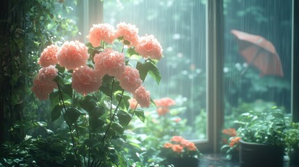 Pink flowers in a rainy garden