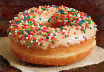 Glazed donut with colorful sprinkles on white napkin, sweet dessert, soft texture, inviting and cheerful mood, close up food photography