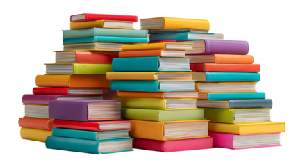 Pile of colorful books stacked randomly, isolated on a white background.