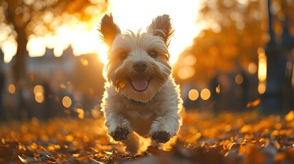 Playful dog leaping in autumn leaves